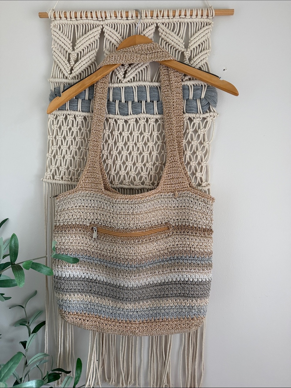 The Sak Crochet Striped Tote in Beige, Cream & Gray